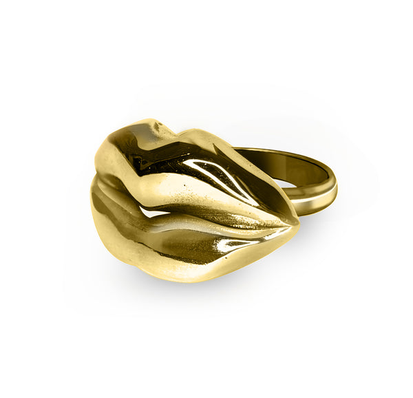 Big Pucker - Oversized Lips Ring - Chunky Gold Brass